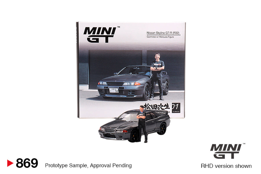 Mini GT 869 Nissan Skyline GT-R (R32) Gunmetal W/ Matsuda Figure